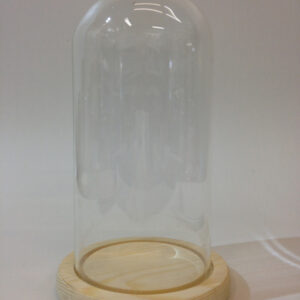 Glazen stolp met blank houten voet voor skeletklokken of jaarpendules 90/180 mm