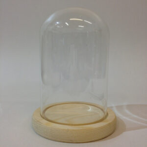Glazen stolp met blank houten voet voor skeletklokken of jaarpendules 90/120 mm