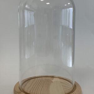 Glazen stolp met blank houten voet voor skeletklokken of jaarpendules 120/220 mm